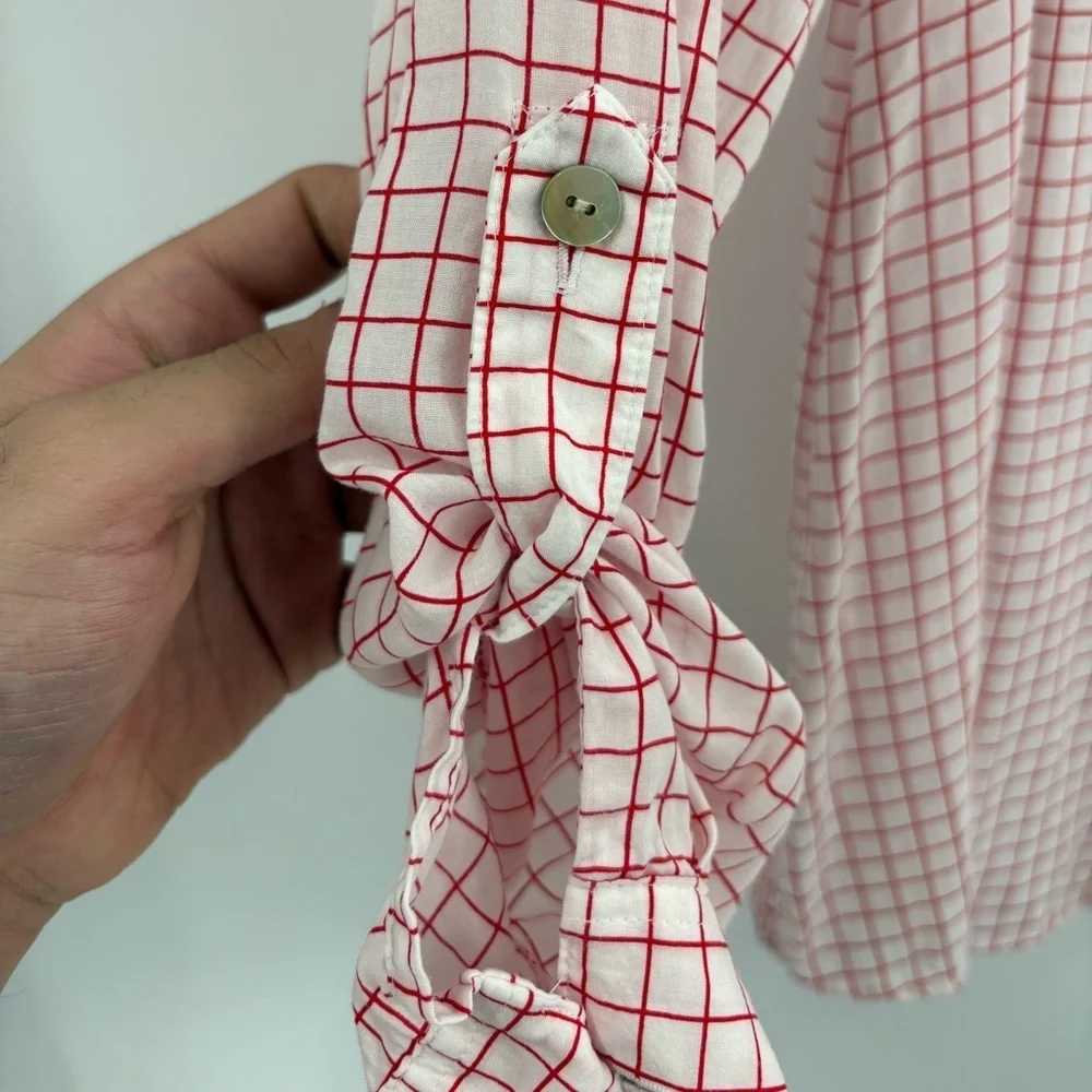 Foxcroft Women’s Blouse White Red Tencel Rolled Sleeve Gingham Button Up Size 10